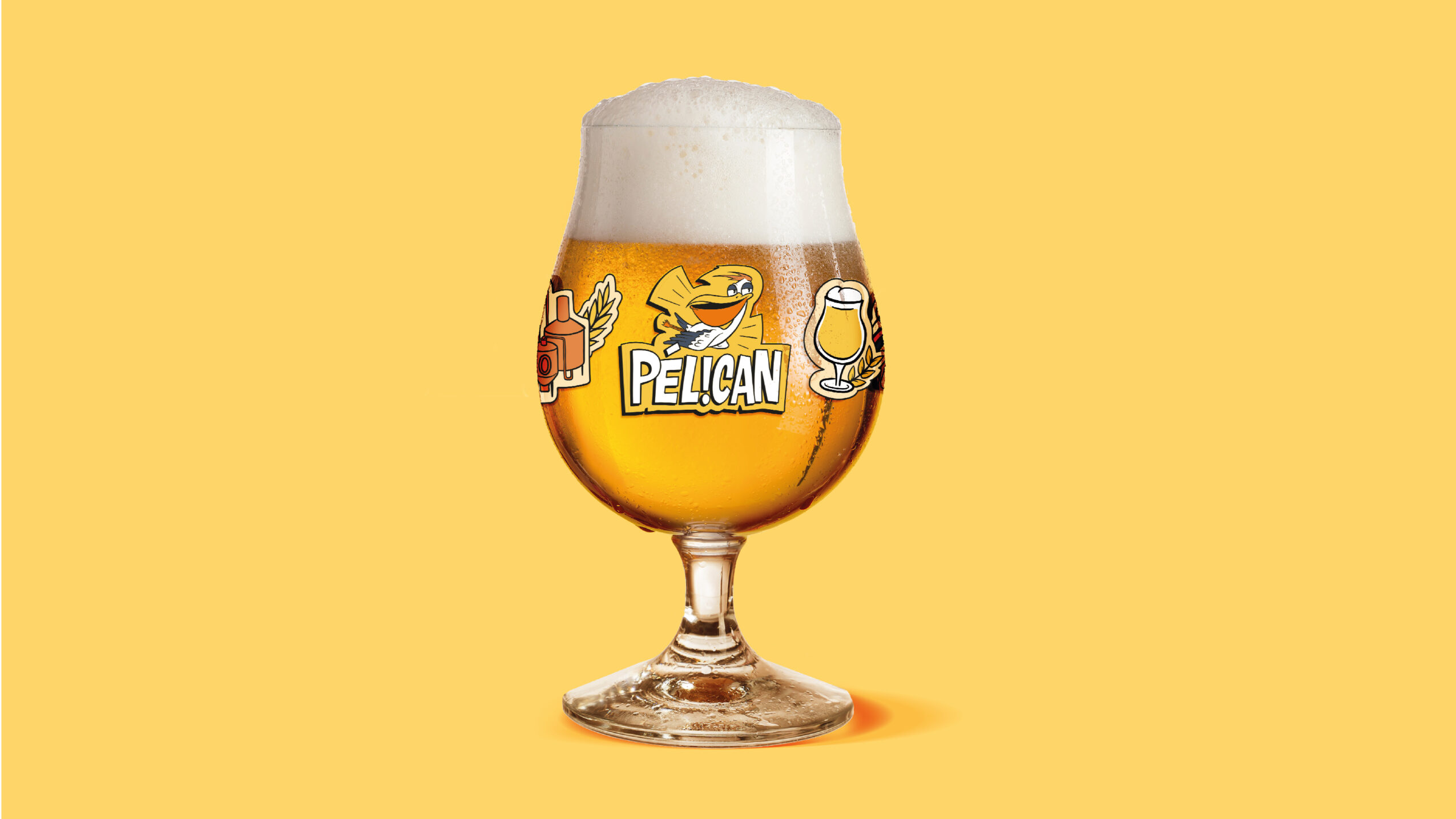 Verre de Bière Pelican à la Pression, sur fond jaune